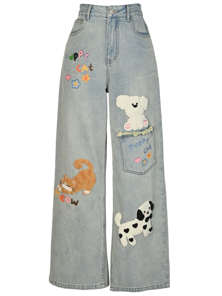 Puppy Cat Party Cute Patch Denim Wide-Leg Jeans-ntbhshop