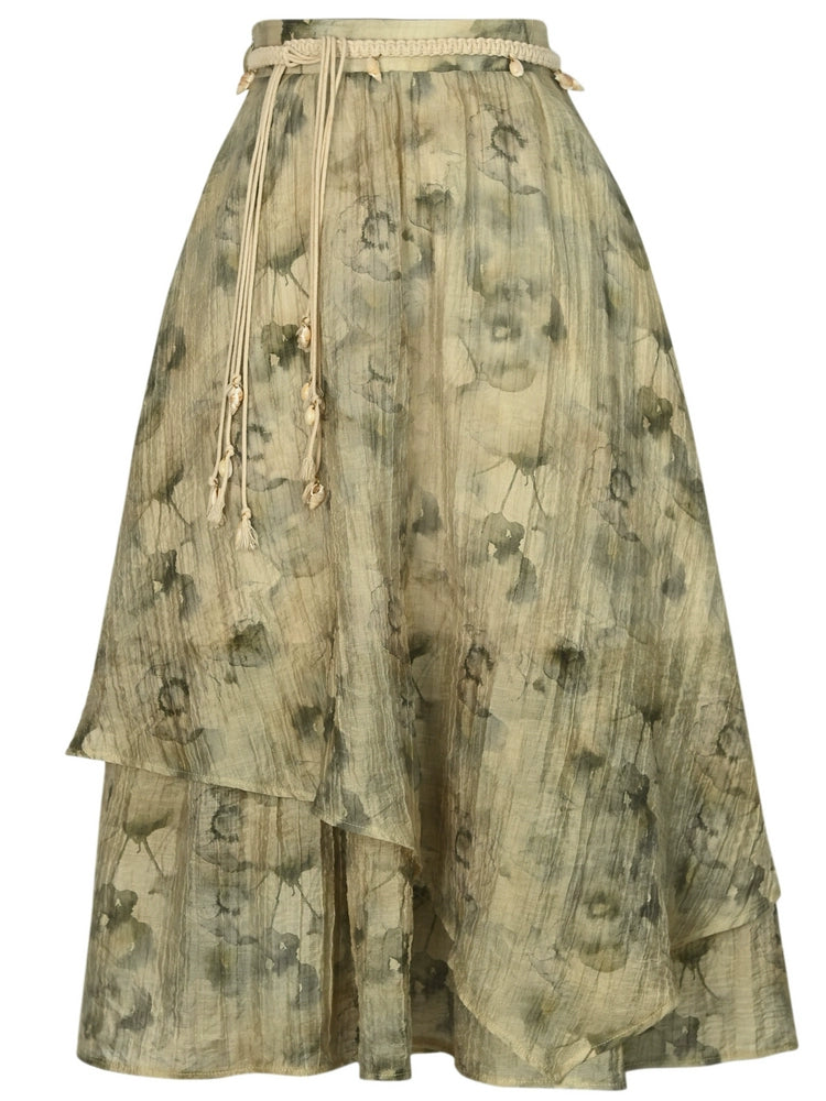 Dali Dream Ethnic Dye Midi Skirt with Belt-ntbhshop